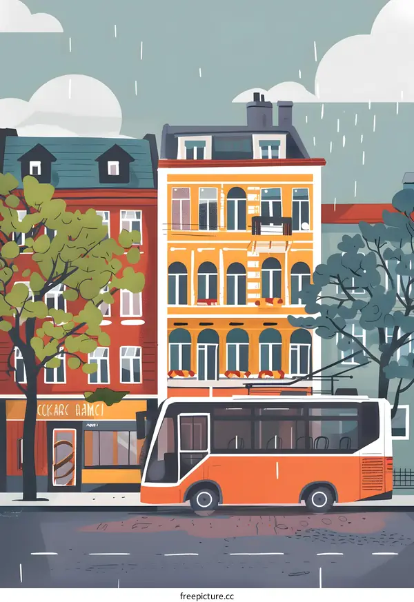 Rainy Day Cityscape Illustration With Bus