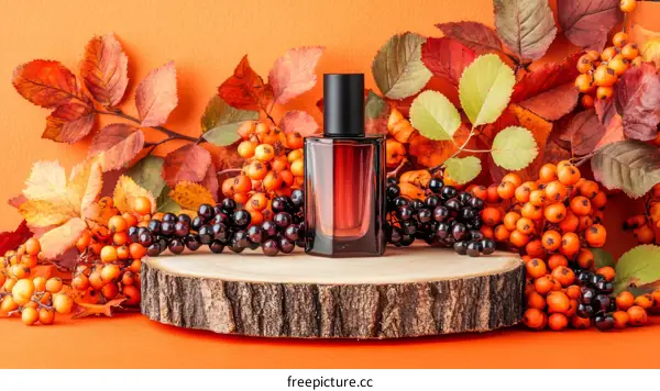 Autumn Scent Fragrance Bottle Display on Wooden Slice