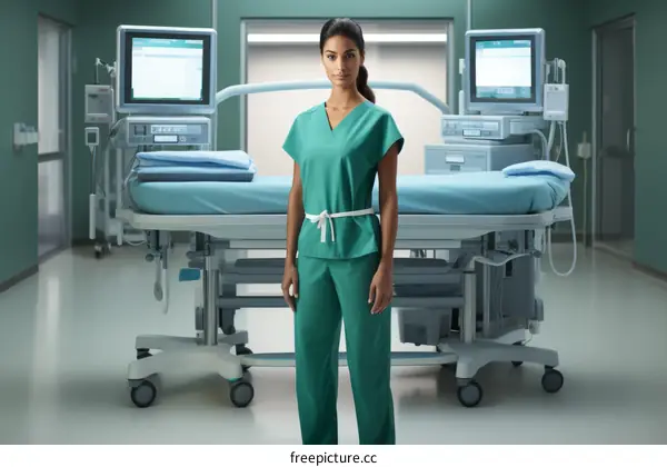Confident Indian female doctor standing in front of hospital bed