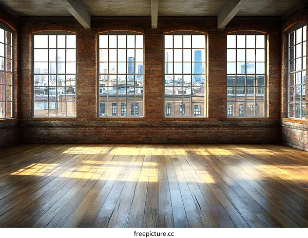 Empty Loft with Brick Walls and Big Windows