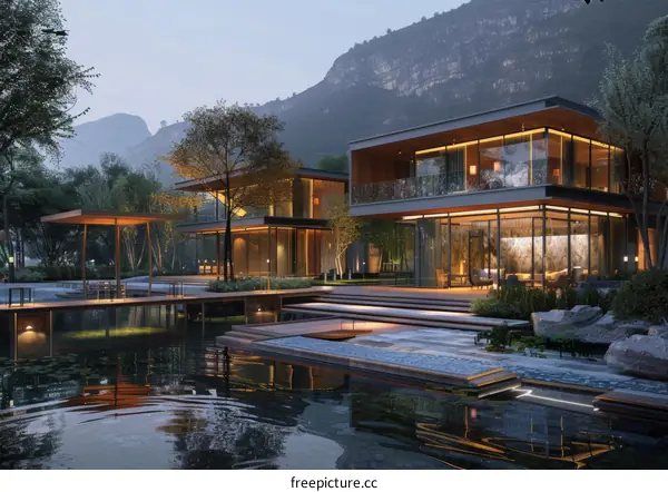 Modern Luxury Villa by the Pond at Dusk