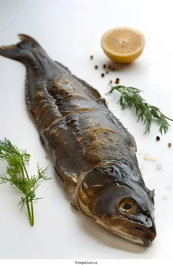 Smoked fish on a white background with lemon and herbs