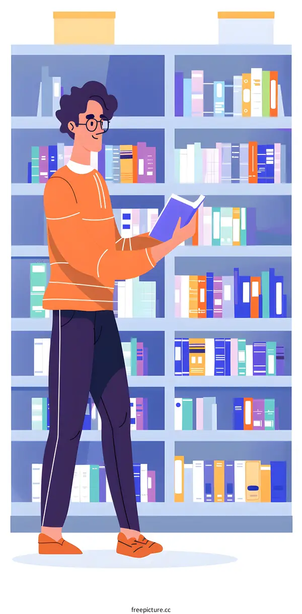 Man Reading Book in Library with Bookshelves