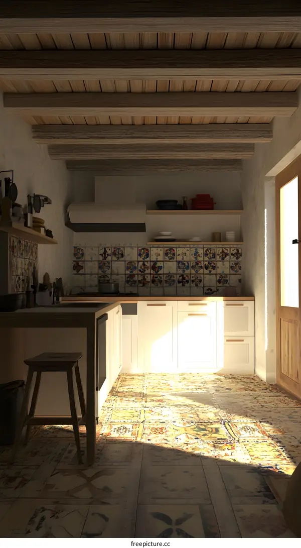 Rustic Kitchen Interior Design with Wooden Beam Ceiling and Tiled Floor