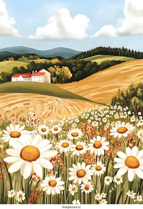 Summer Landscape with White Daisies and Houses on a Hill