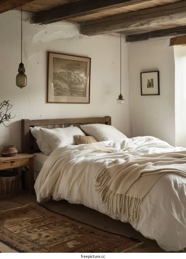 Cozy Rustic Chic Master Bedroom With Soft White Linen and Wood Accents