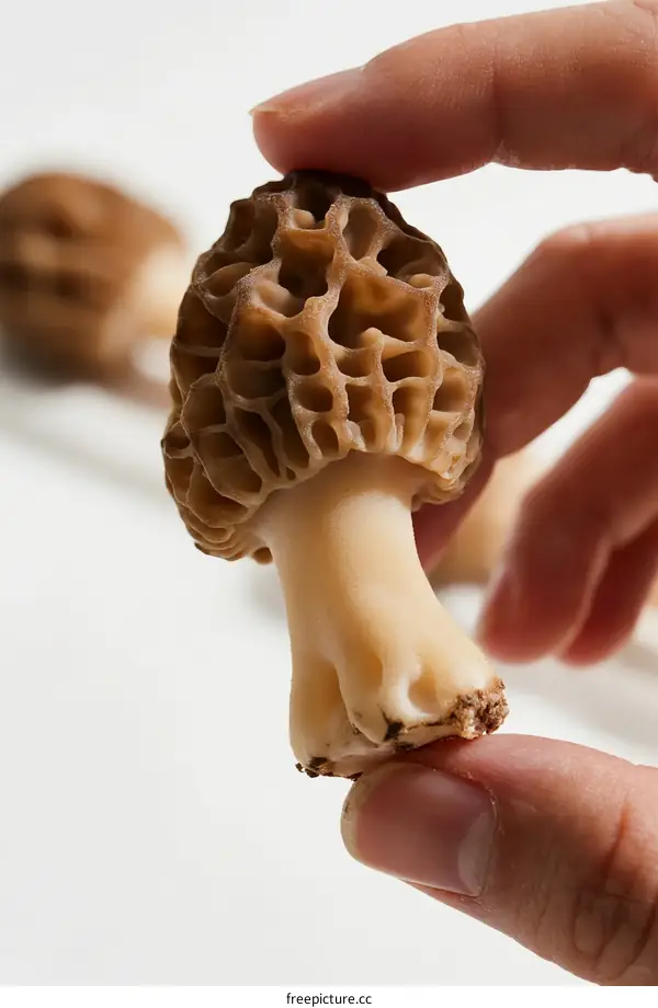 Fresh Morel Mushroom in Hand, Edible Fungi Close-up View