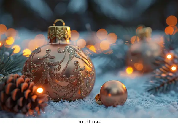 Golden Christmas Ornaments with Lights and Snowflakes