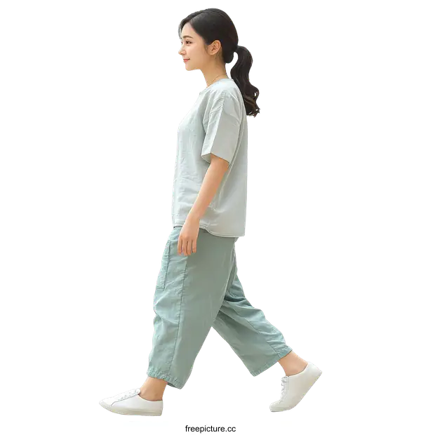 [Transparent Background PNG]Young Asian Woman Walking in Light Green Outfit