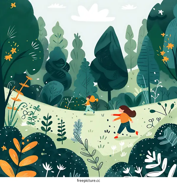 Girls Running Through the Forest