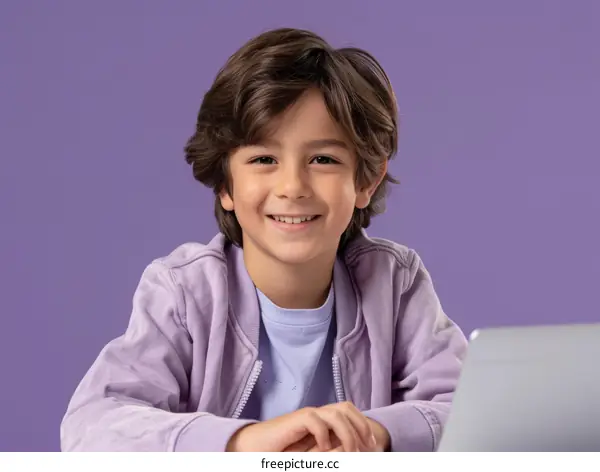 Smiling boy in purple shirt sitting at desk with laptop
