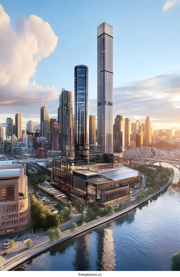 Aerial View of Modern Skyscrapers in a City with a River and Bridge