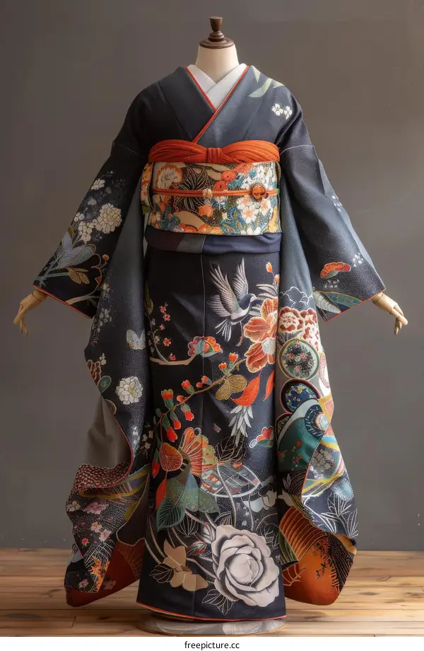 A kimono with a pattern of a crane and flowers