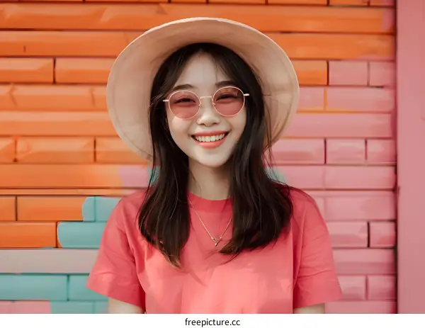 Smiling Woman Wearing Sunglasses and a Straw Hat in Front of a Colorful Wall