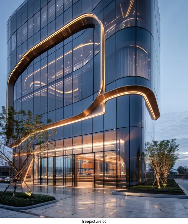 A modern glass office building with a curved facade