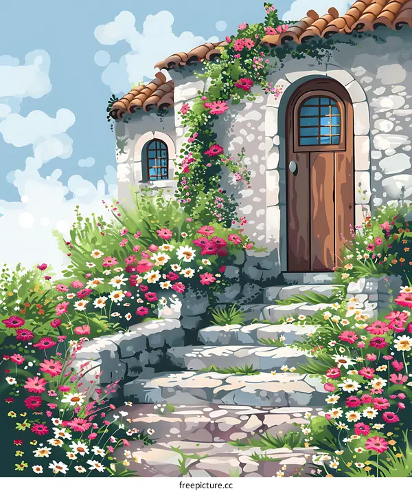 Stone Cottage with Flowers and Steps