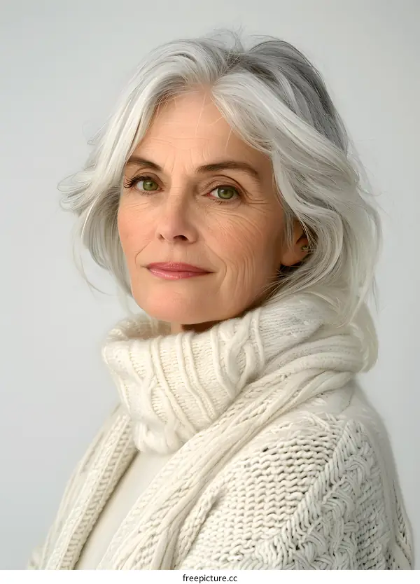 Close Up Portrait of a Woman with Gray Hair Wearing a White Sweater
