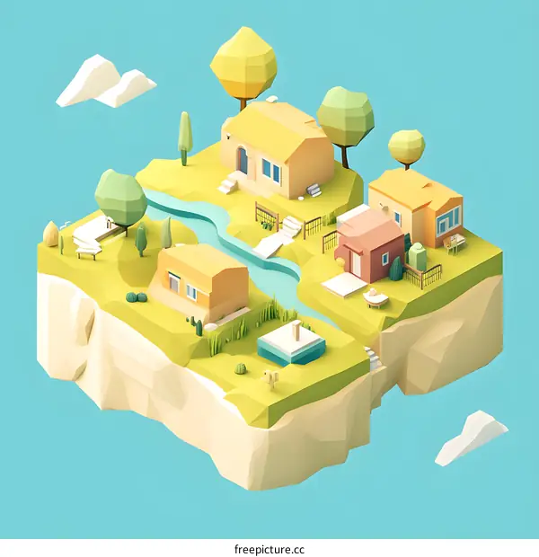 Low Poly Illustration of a Small Island Village with Houses, Trees, and a River