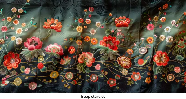 A close-up of a colorful floral pattern on a dark green background.