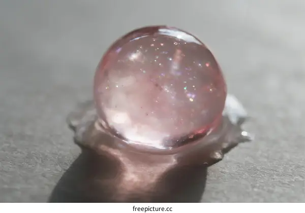 A close-up view of a glossy pink slime ball with sparkles