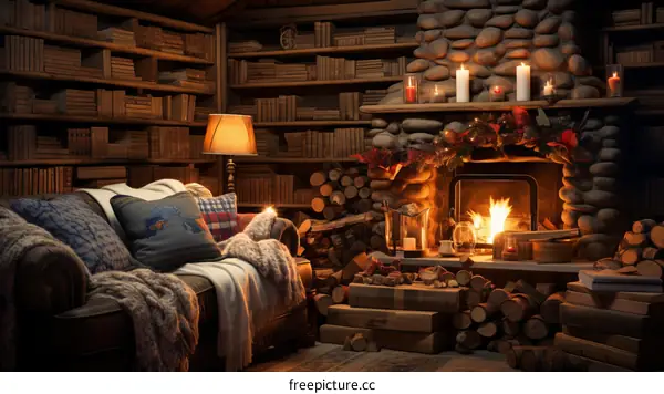 Cozy living room with fireplace and bookshelves