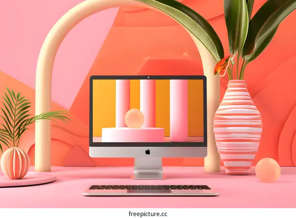 Minimalist Pink and Yellow Desktop with a Computer Screen Showing Abstract Shapes