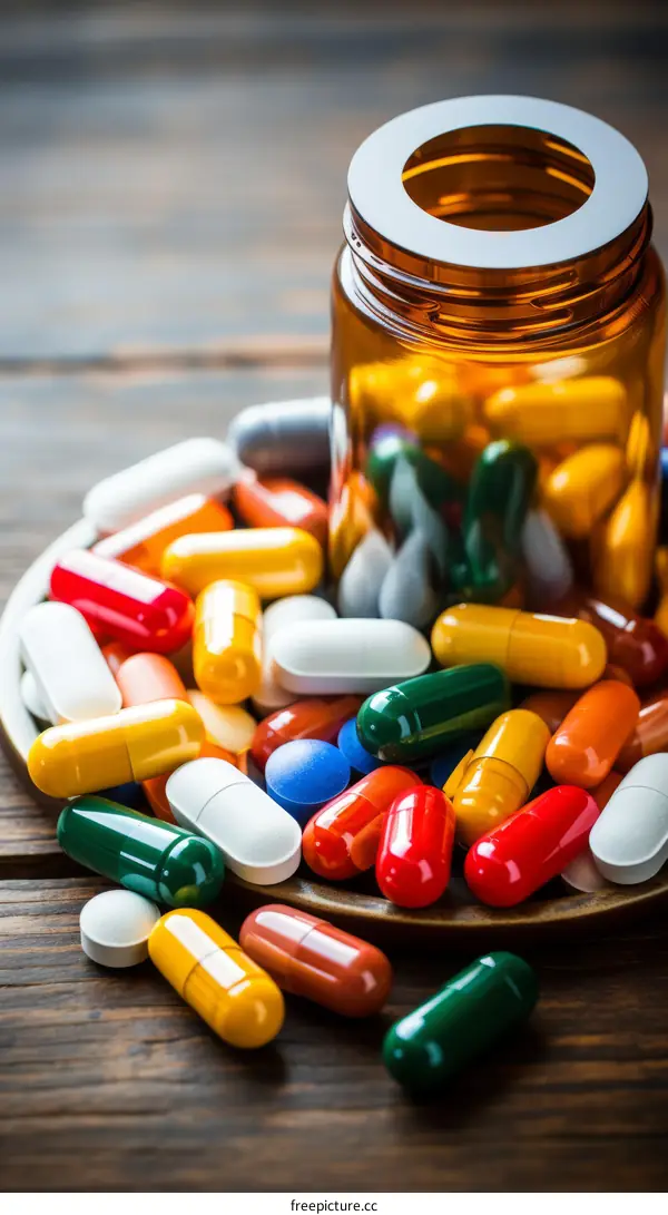 Colorful pills and capsules spilled from an open bottle