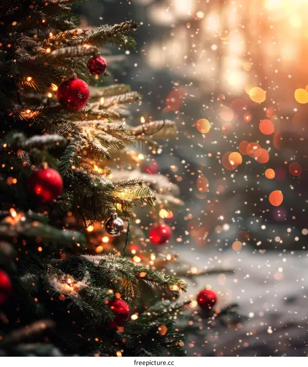 Christmas tree with red and silver ornaments covered in snow