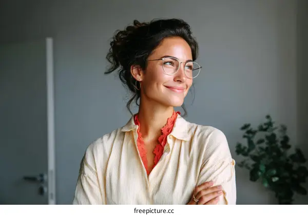 A young woman with curly hair and glasses standing indoors