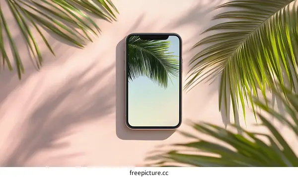 Palm Leaves and Smartphone on a Pink Background