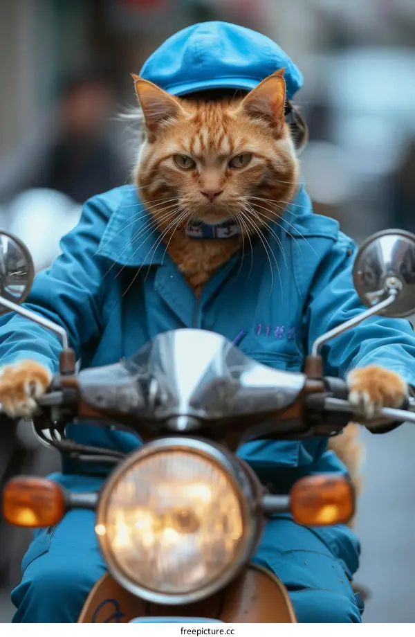 Cat in a Blue Uniform Rides a Motorcycle
