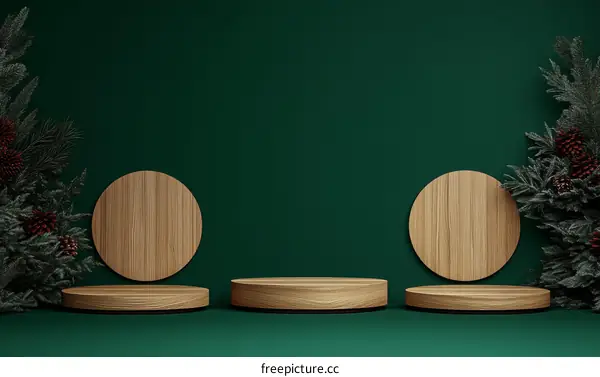 Wooden Display Podiums with Green Background and Festive Decor