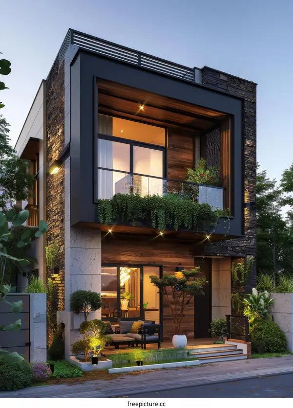 The modern design of a two-story house with a balcony and a terrace