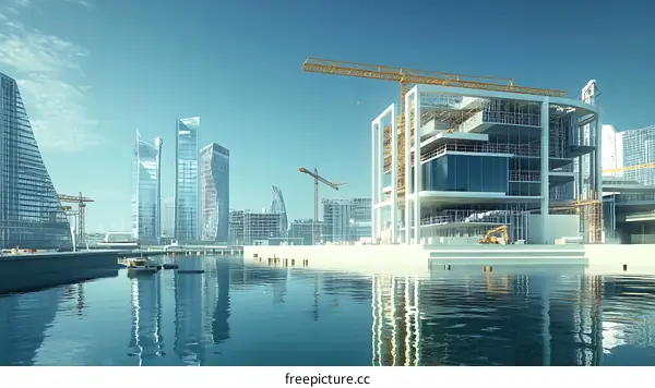 Modern City Under Construction by the Water