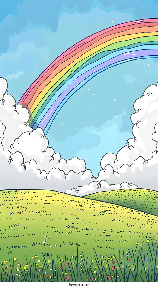 Rainbow Sky With Clouds And Grass Fields