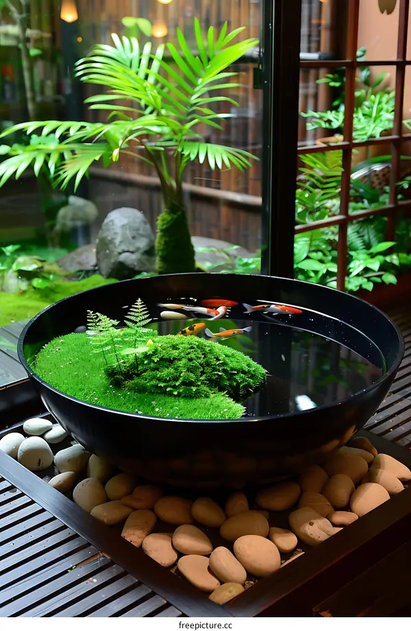 Indoor Japanese Garden with Fish Pond and Stones
