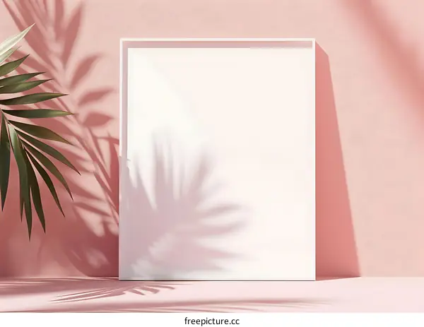 Blank White Poster Frame Mockup With Tropical Leaf Shadow On Pink Wall Background