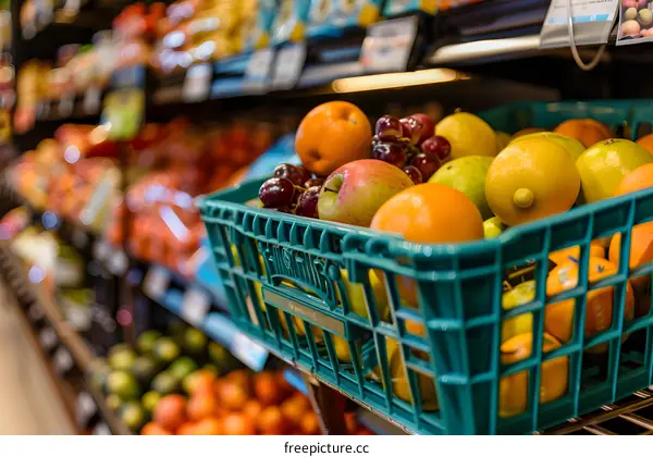 Fresh Fruit in a Green Basket at a Grocery Store