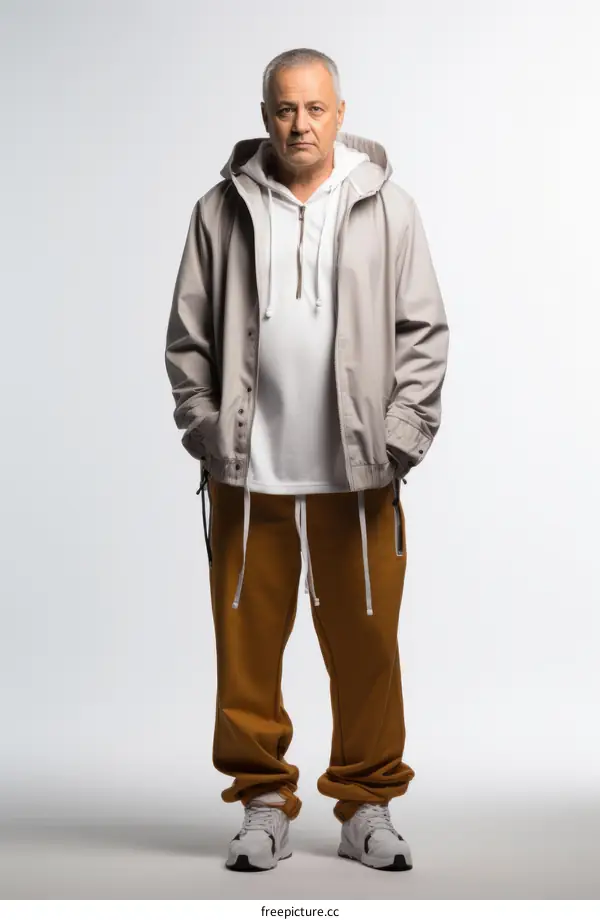 A man is posing in a studio wearing a white shirt, brown pants, and a beige jacket with his hands in his pockets