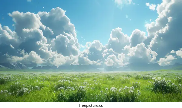 Blue Sky with White Clouds Over Green Field