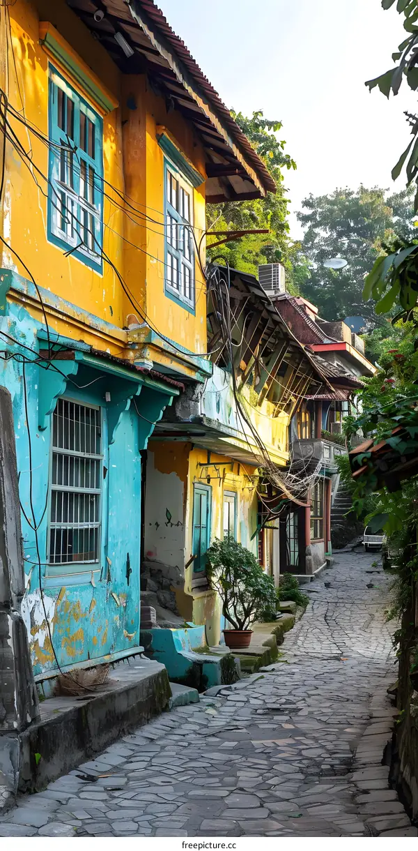 colorful houses in a narrow street with stone pavement