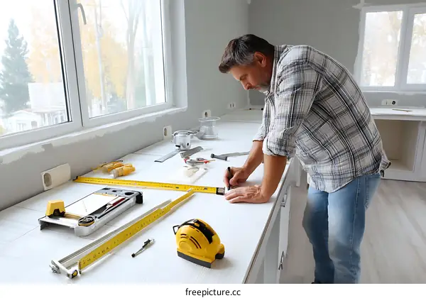 Construction worker measuring kitchen countertop