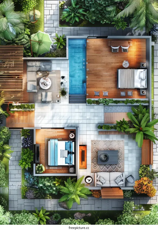 Top Down View of a Tropical Courtyard Home Plan