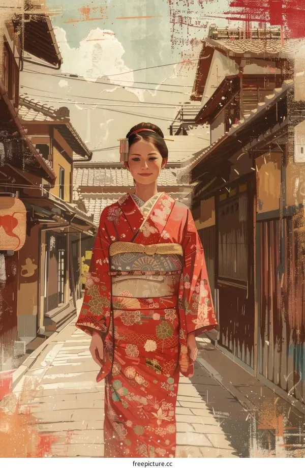 Beautiful Woman in Traditional Japanese Kimono