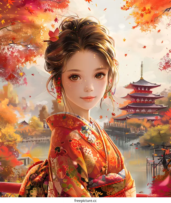 A beautiful Japanese woman in a kimono standing in a field of red maple leaves.