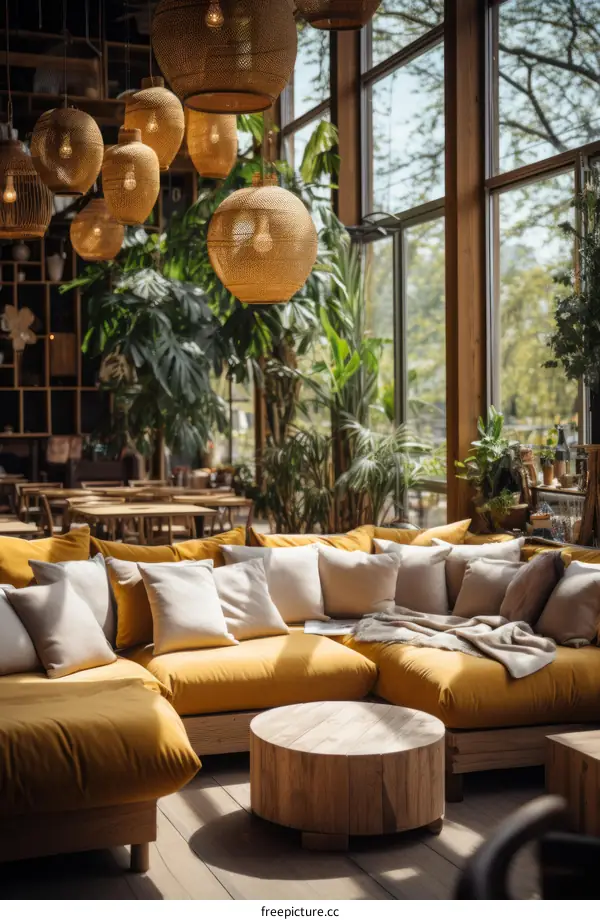 Modern Restaurant Interior with Yellow Sofa and Round Wooden Table