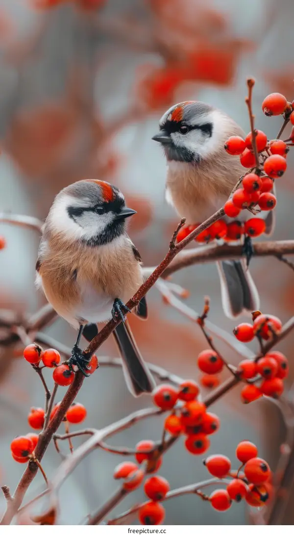 Two birds on a branch with red berries