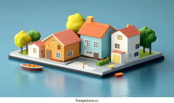 Low Poly 3D Render of Small Town by the Water