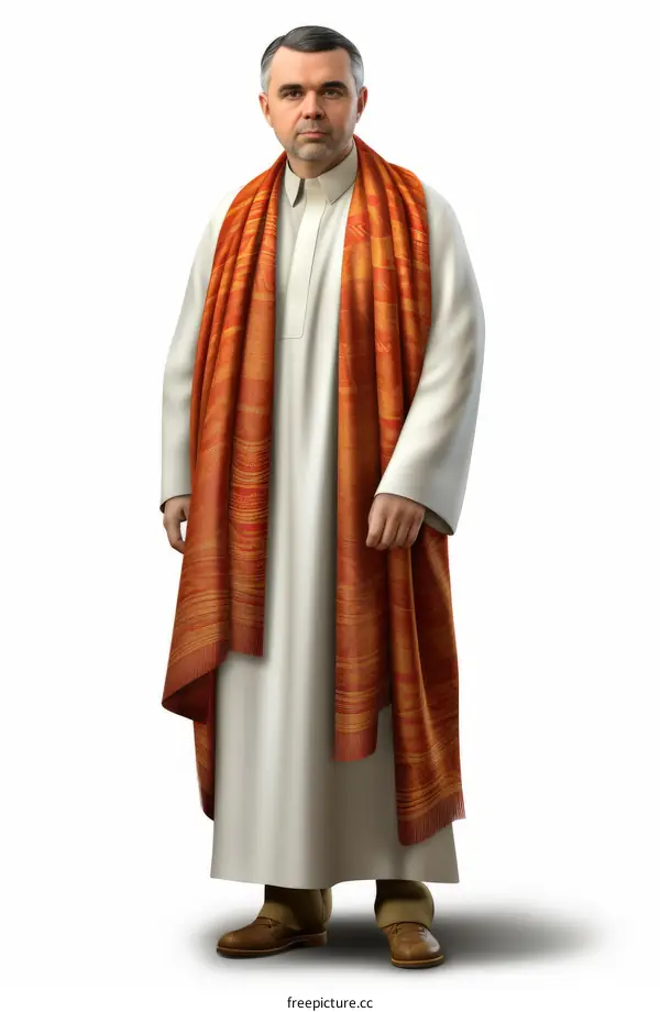 A portrait of a man wearing a white robe and a red sash