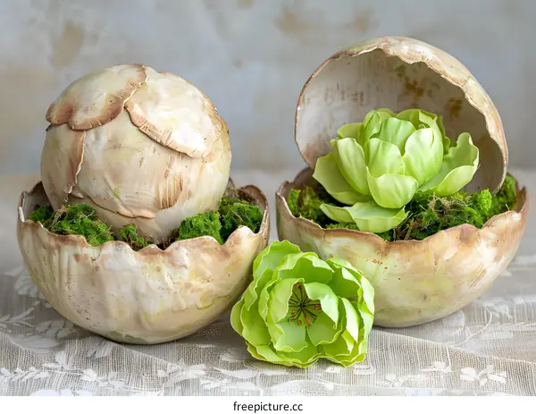 Green Flower in a Ceramic Egg Shell